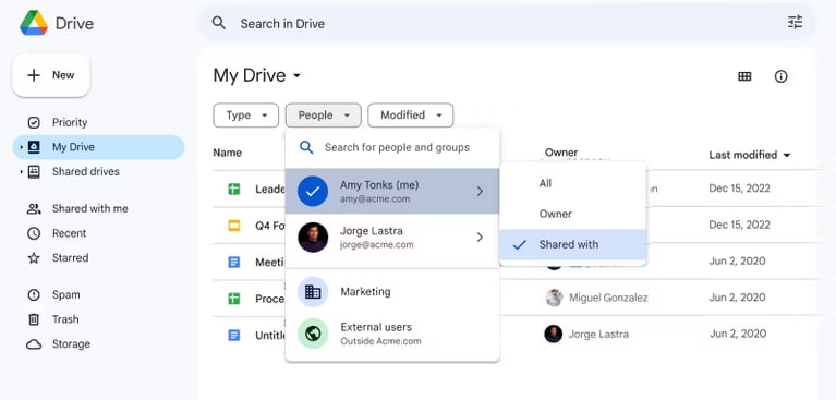 Google Drive People Filter option
